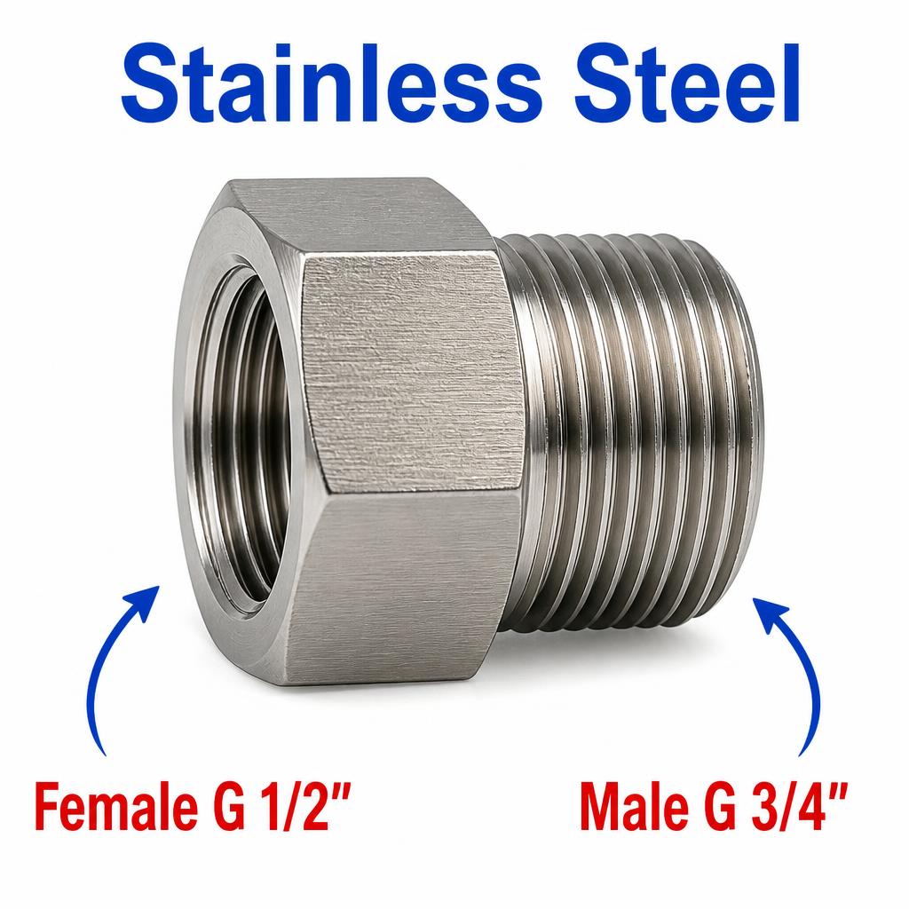 Stainless steel BSP G 1/2 inch female to BSP G 3/4 inch male sensor adaptor fitting for conversion, by MC Motoparts.