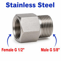Stainless steel BSP G 1/2 inch female to G 5/8 inch male sensor adaptor fitting for conversion, by MC Motoparts.