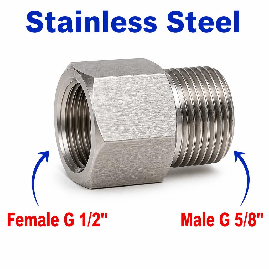 Stainless steel BSP G 1/2 inch female to G 5/8 inch male sensor adaptor fitting for conversion, by MC Motoparts.
