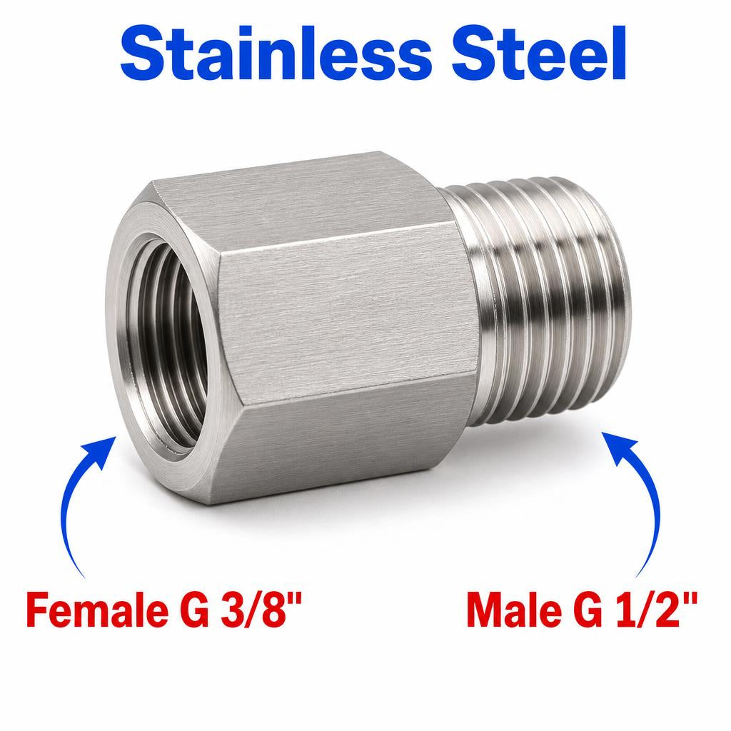 Stainless steel BSP G 3/8 inch female to G 1/2 inch male sensor adaptor fitting for conversion, by MC Motoparts.