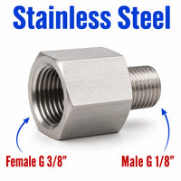 Stainless steel BSP G 3/8 inch female to BSP G 1/8 inch male sensor adaptor fitting for fluid connection conversion.