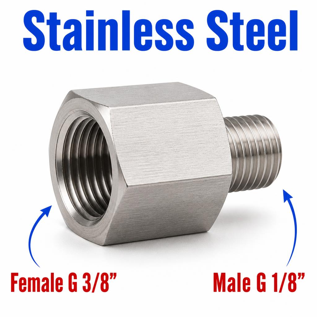 Stainless steel BSP G 3/8 inch female to BSP G 1/8 inch male sensor adaptor fitting for fluid connection conversion.