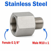 Stainless steel BSP G 3/8 inch female to M10x1 male sensor adaptor fitting for conversion, by MC Motoparts.
