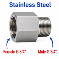 Stainless steel BSP G 3/4 inch female to male sensor adaptor fitting for precise fluid connection conversion.
