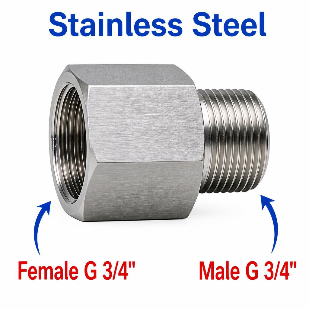 Stainless steel BSP G 3/4 inch female to male sensor adaptor fitting for precise fluid connection conversion.