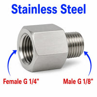 Stainless steel BSP G 1/4 inch female to BSP G 1/8 inch male sensor adaptor fitting for plumbing or hydraulic conversions.