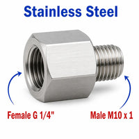 Stainless steel BSP G 1/4 inch female to M10x1 male sensor adaptor fitting for conversion, by MC Motoparts.