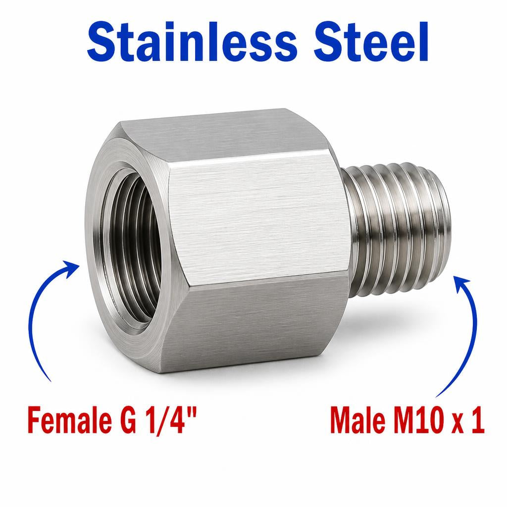 Stainless steel BSP G 1/4 inch female to M10x1 male sensor adaptor fitting for conversion, by MC Motoparts.