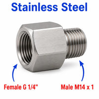 Stainless steel BSP G 1/4 inch female to M14x1 male sensor adaptor fitting for conversion, by MC Motoparts.