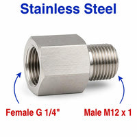 Stainless steel BSP G 1/4 inch female to M12x1 male sensor adaptor fitting for conversion, made by MC Motoparts.
