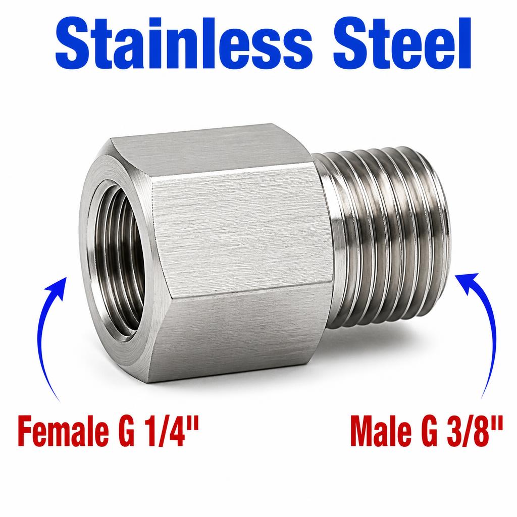 Stainless steel BSP G 1/4 inch female to BSP G 3/8 inch male sensor adaptor fitting for conversion, by MC Motoparts.