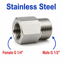 Stainless steel BSP G 1/4 female to G 1/2 male sensor adaptor fitting for fluid connections and conversions.