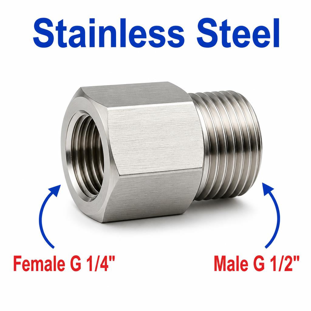 Stainless steel BSP G 1/4 female to G 1/2 male sensor adaptor fitting for fluid connections and conversions.