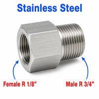 Stainless steel MC Motoparts APS adapter fitting showing a 1/8 inch female to 3/4 inch male BSPT tapered connector for sensor conversion.