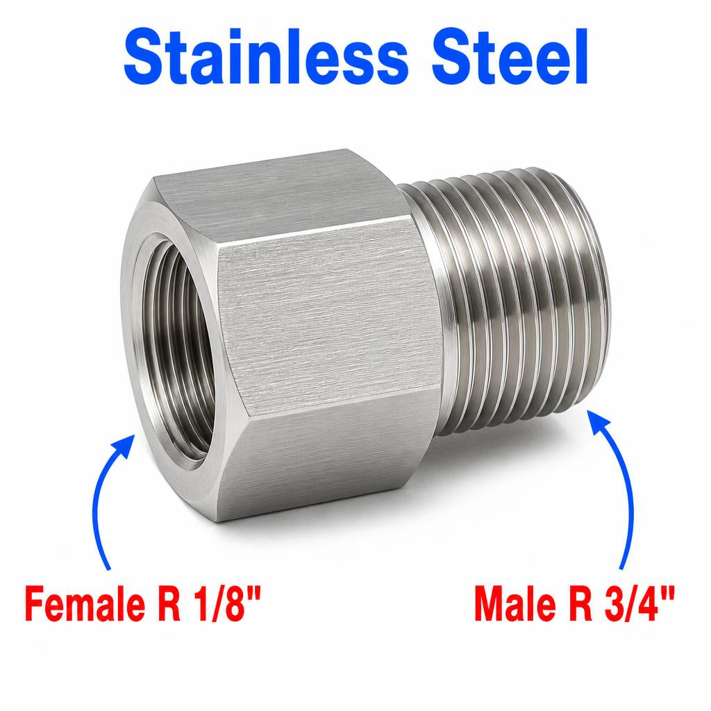 Stainless steel MC Motoparts APS adapter fitting showing a 1/8 inch female to 3/4 inch male BSPT tapered connector for sensor conversion.