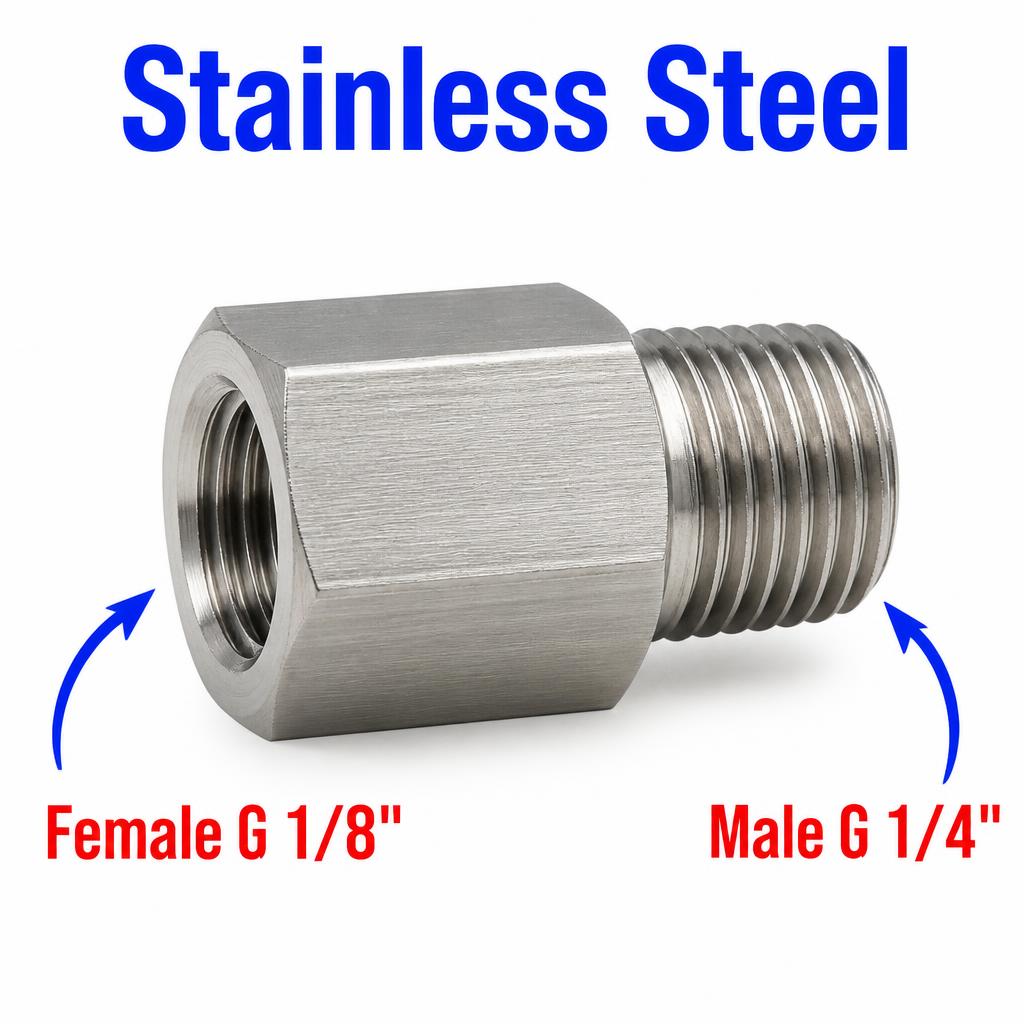 Stainless steel BSP G 1/8 female to BSP G 1/4 inch male sensor adaptor fitting for conversion, shown on black background