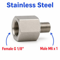 Stainless steel BSP G 1/8 inch female to M6x1 male sensor adaptor fitting for conversions, by MC Motoparts.
