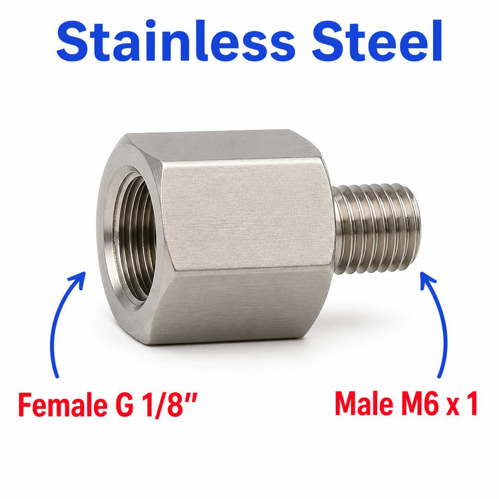 Stainless steel BSP G 1/8 inch female to M6x1 male sensor adaptor fitting for conversions, by MC Motoparts.