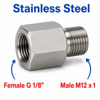 Stainless steel BSP G 1/8 inch female to M12x1 male sensor adaptor fitting for conversion, manufactured by MC Motoparts.