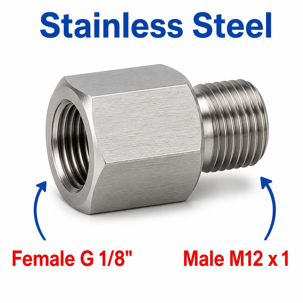 Stainless steel BSP G 1/8 inch female to M12x1 male sensor adaptor fitting for conversion, manufactured by MC Motoparts.