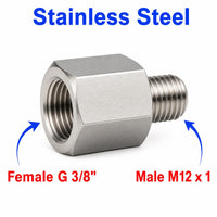 Stainless steel BSP G 3/8 inch female to M12x1 male sensor adaptor fitting for conversion, by MC Motoparts.