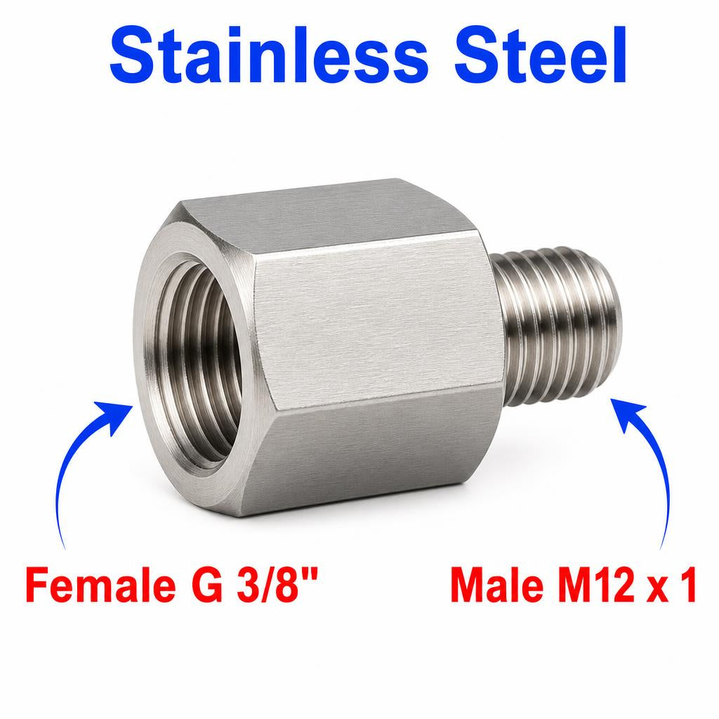 Stainless steel BSP G 3/8 inch female to M12x1 male sensor adaptor fitting for conversion, by MC Motoparts.