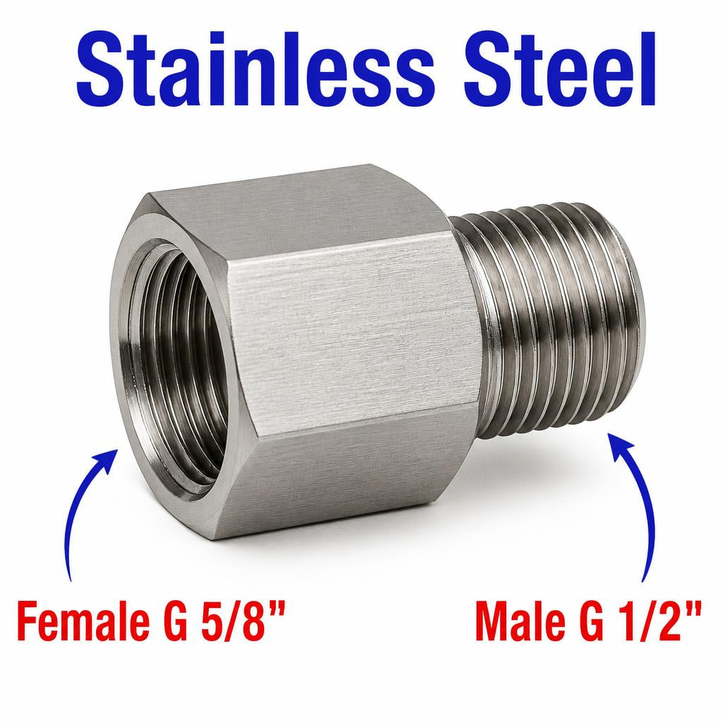 Stainless steel BSP G 5/8 inch female to BSP G 1/2 inch male sensor adaptor fitting for fluid conversion, by MC Motoparts.