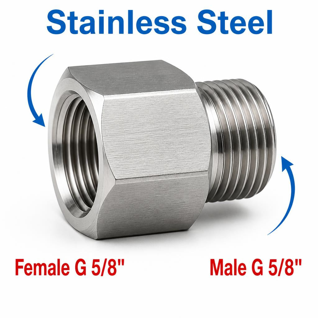 Stainless steel BSP G 5/8 inch female to male sensor adapter fitting by MC Motoparts, APS conversion fittings for plumbing.
