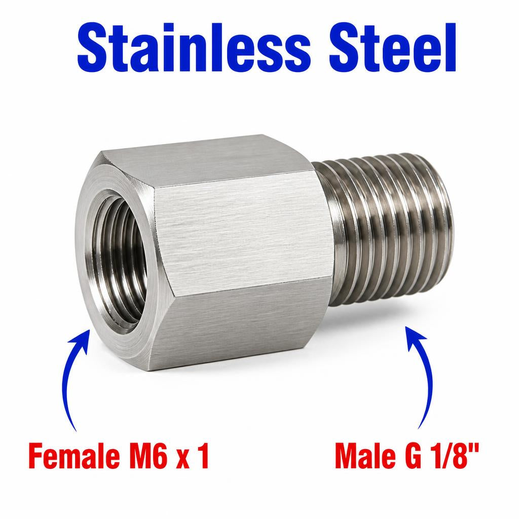 Stainless steel M6x1 female to BSP G 1/8 inch male sensor adaptor fitting for conversion, by MC Motoparts.