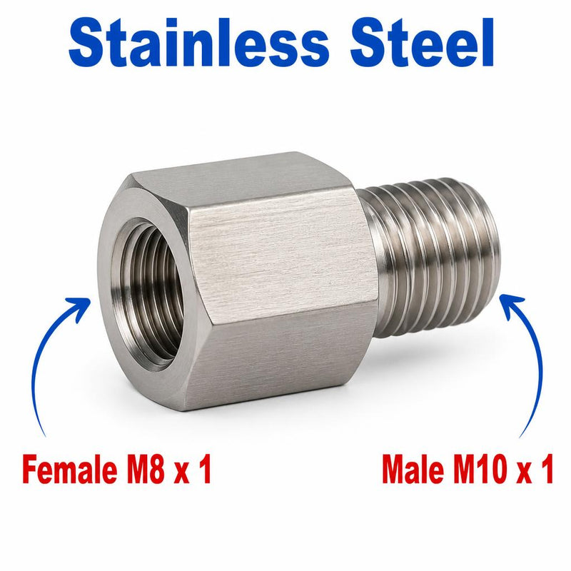 Stainless steel M8x1 female to M10x1 male sensor adaptor fitting, APS conversion fitting by MC Motoparts, suitable for sensor connections.