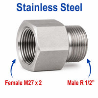 Stainless steel M27x2 female to 1/2 inch BSPT tapered male sensor adaptor fitting for conversion, by MC Motoparts.