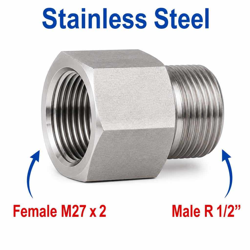 Stainless steel M27x2 female to 1/2 inch BSPT tapered male sensor adaptor fitting for conversion, by MC Motoparts.