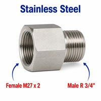 Stainless steel M27x2 female to BSPT tapered 3/4 inch male sensor adaptor fitting for conversion, from MC Motoparts.
