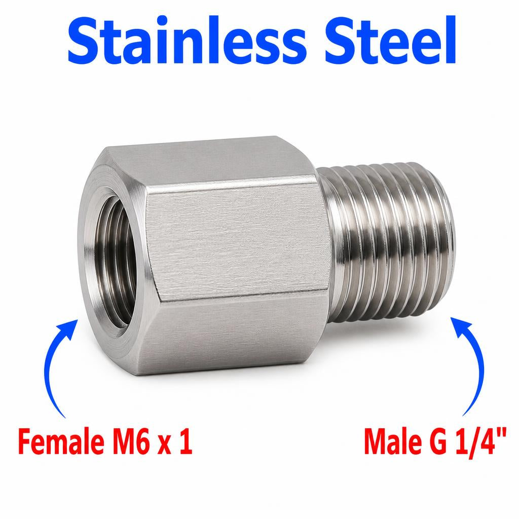 Stainless steel M6x1 female to BSP G 1/4 inch male sensor adaptor fitting for conversion, MC Motoparts APS fitting series.