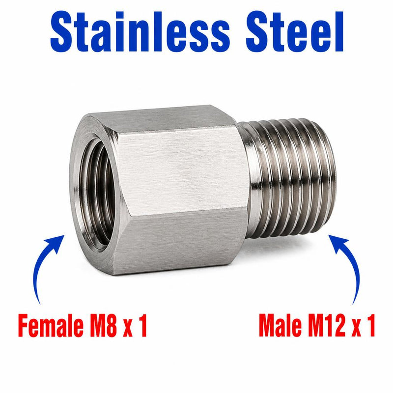 Stainless steel M8x1 female to M12x1 male sensor adaptor fitting for conversion, used in sensor and automation applications.