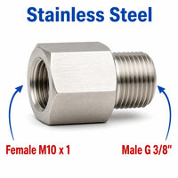 Stainless steel M10x1 female to BSP G 3/8 inch male sensor adaptor fitting for conversion, part of MC Motoparts APS adaptor fittings.