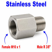 Stainless steel M10x1 female to BSPT tapered 3/8 inch male sensor adaptor fitting for conversion, shown in close-up image.