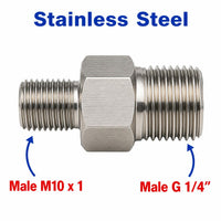 Stainless steel M10x1 male to BSP G 1/4 inch male sensor adaptor fitting for conversion, by MC Motoparts.