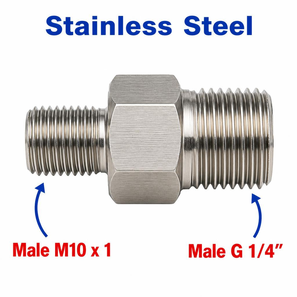 Stainless steel M10x1 male to BSP G 1/4 inch male sensor adaptor fitting for conversion, by MC Motoparts.