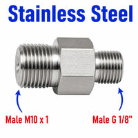 Stainless steel M10x1 male to BSP G 1/8 inch male sensor adaptor fitting for hydraulic or pneumatic connections.