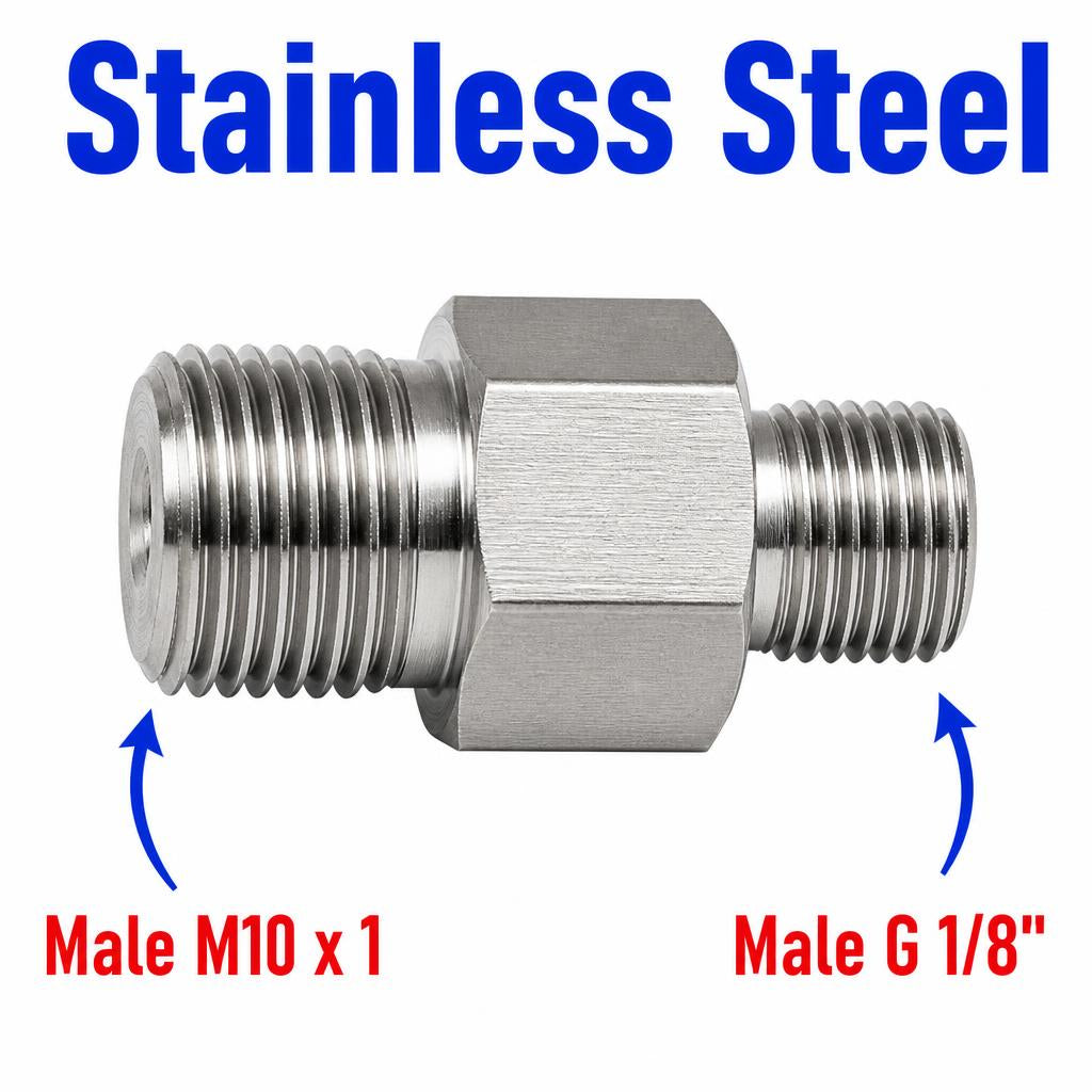 Stainless steel M10x1 male to BSP G 1/8 inch male sensor adaptor fitting for hydraulic or pneumatic connections.