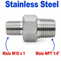 Stainless steel M10x1 male to 1/4 inch NPT male sensor adaptor fitting, APS conversion fitting for automotive use