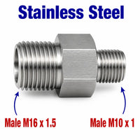 Stainless steel M16x1.5 to M10x1 sensor adaptor fitting, APS conversion fitting by MC Motoparts, for sensor connections.