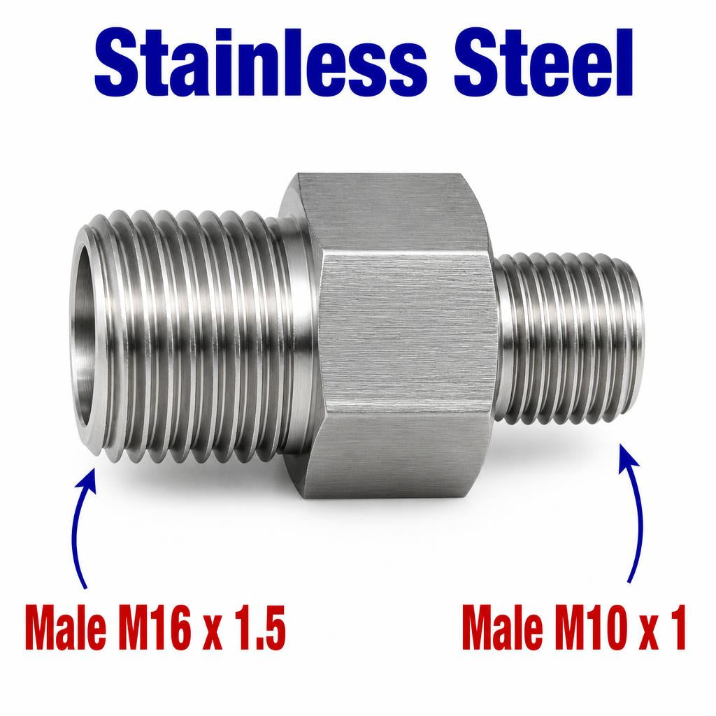 Stainless steel M16x1.5 to M10x1 sensor adaptor fitting, APS conversion fitting by MC Motoparts, for sensor connections.