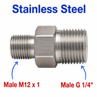 Stainless steel M12x1 male to BSP G 1/4 inch male sensor adaptor fitting, MC Motoparts APS conversion fitting.
