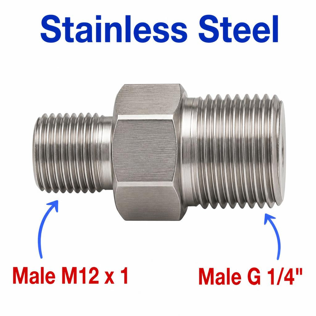 Stainless steel M12x1 male to BSP G 1/4 inch male sensor adaptor fitting, MC Motoparts APS conversion fitting.