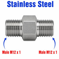 Stainless steel M12x1 male to M12x1 male sensor adaptor fitting for conversion, part of MC Motoparts APS adaptor fittings series.