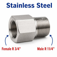 Stainless steel MC Motoparts BSPT tapered sensor adaptor fitting, 3/4 inch female to 1-1/4 inch male conversion, APS0476