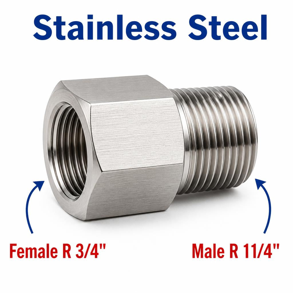 Stainless steel MC Motoparts BSPT tapered sensor adaptor fitting, 3/4 inch female to 1-1/4 inch male conversion, APS0476