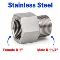 Stainless steel MC Motoparts APS adaptor fitting, 1-inch female to 1-1/4 inch male BSPT tapered sensor conversion fitting